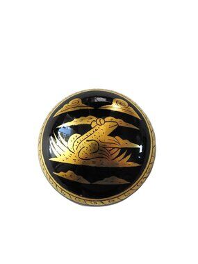 Thai Black Lacquerware Trinket Box Jewelry Storage Ball Shaped Gold Leaf Frog